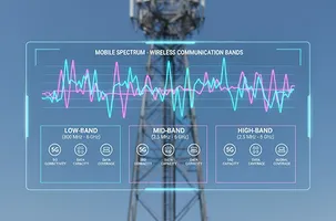 a decorative image of trend lines corresponding to various bands overlaid on top of an image of a cell phone tower